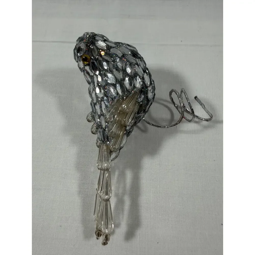 Lot of 4 Bird Christmas Ornaments Glitter Cardinal Jeweled Silver Nest